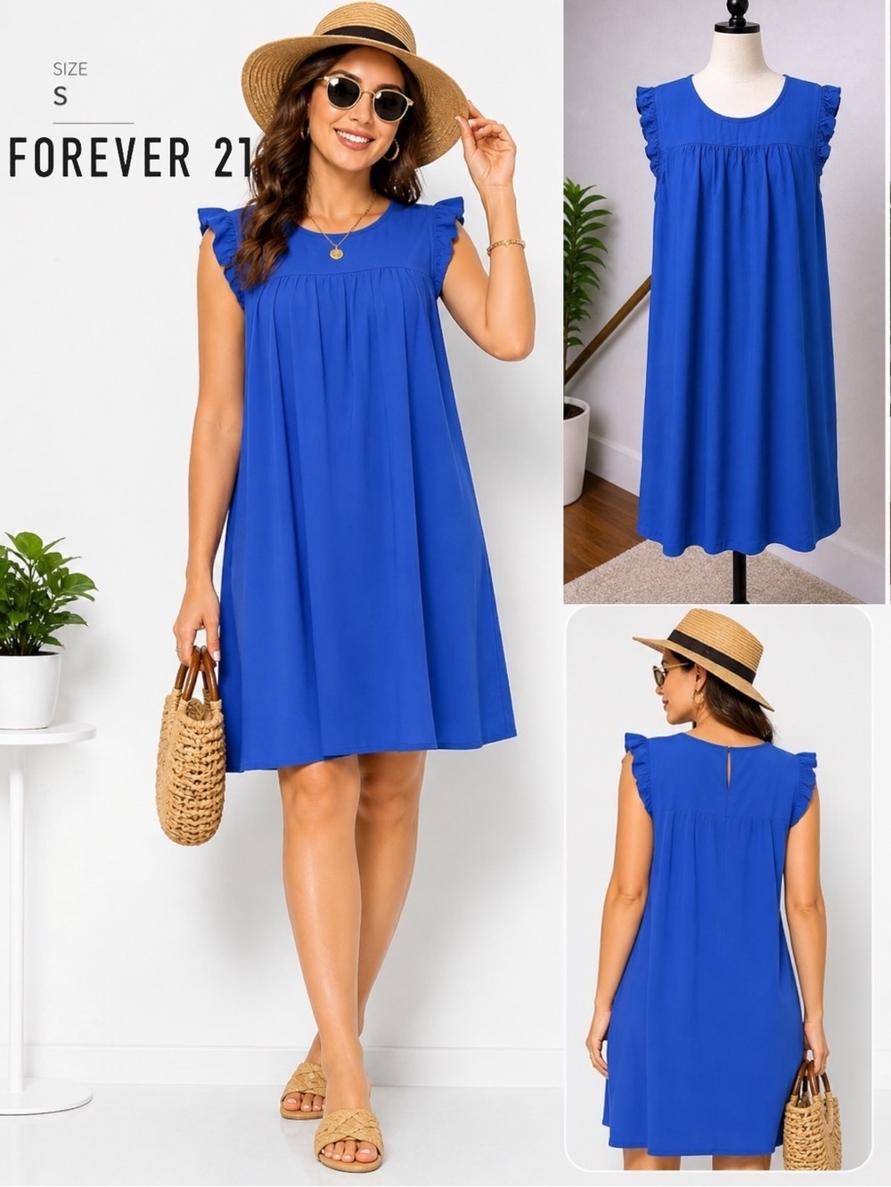 Forever 21 | NWOT Cobalt Blue Ruffle Sleeve Swing w Pockets Midi Dress (size S)